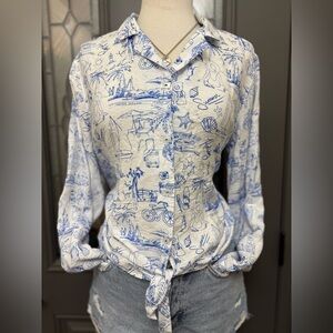 Multiples White and Blue Beach Coastal Printed Women's Top Size Large